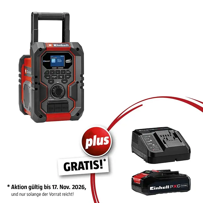 Einhell PXC 18V Maschinen-Set Akku-Baustellenradio TE-CR 18 - 18 V, 2,5 Ah, 1 Akku - Einhell Baustellenradio (schwarz/rot) mit Bluetooth und DAB+, schwarzes Ladegerät und schwarzer/roter 2,5Ah Power X-Change Akku.