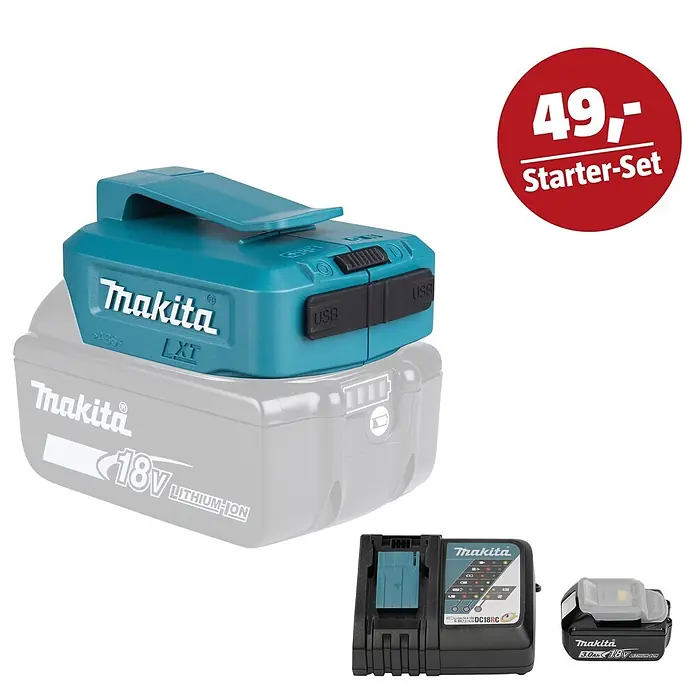 Makita LXT 18V Maschinen-Set - Akku-Adapter DECADP05, Ladegerät & 3 Ah Akku - Makita 18V Starter-Set: Türkiser USB-Netzadapter auf Akku, plus Ladegerät und kompakter 3.0Ah 18V Akku. Preis 49,-