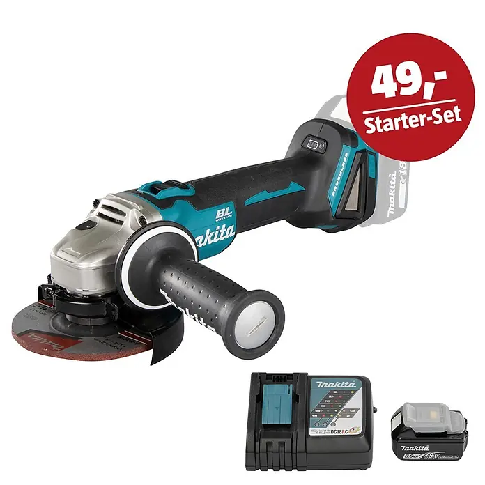 Makita LXT 18V Maschinen-Set - Akku-Winkelschleifer DGA504Z, Ladegerät & 3 Ah Akku - Makita Akku-Winkelschleifer in Schwarz-Türkis mit Akku und Ladegerät. Roter Aufkleber: "49,- Starter-Set".
