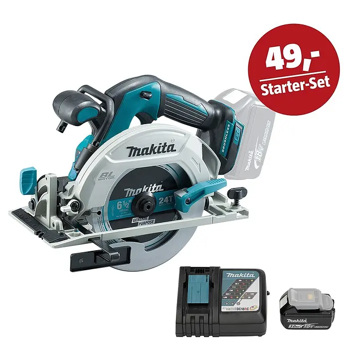 Makita LXT 18V Maschinen-Set - Akku-Handkreissäge DHS680Z, Ladegerät & 3 Ah Akku - Makita 18V Akku-Kreissägen-Starterset mit türkis-schwarzer Säge, Akku und Ladegerät.