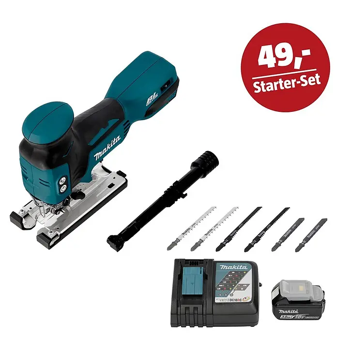 Makita LXT 18V Maschinen-Set - Akku-Pendelhubstichsäge DJV181Z, Ladegerät & 3 Ah Akku - Türkis-schwarze Makita Akku-Stichsäge, Akku, Ladegerät und diverse Sägeblätter. Ein 49,- Starter-Set.