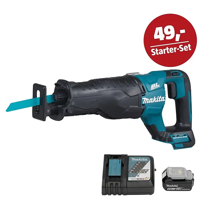 Makita LXT 18V Maschinen-Set - Akku-Säbelsäge DJR187ZK, Ladegerät & 3 Ah Akku - Makita Säbelsäge in Türkis und Schwarz mit Sägeblatt, Ladegerät, 18V Akku und rotem '49,- Starter-Set' Hinweis.