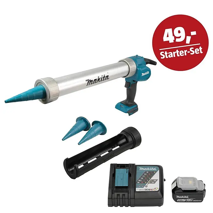 Makita LXT 18V Maschinen-Set - Akku-Kartuschenpresse DCG180ZX, Ladegerät & 3 Ah Akku - Makita Akku-Dichtstoffpistolen Starter-Set mit Pistole, zwei Düsen, Ladegerät und Akku.