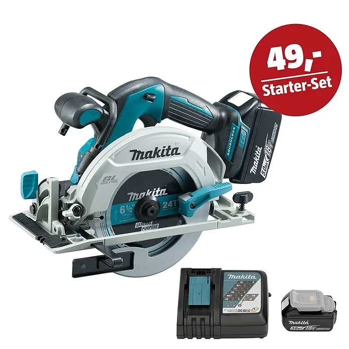 Makita LXT 18V Maschinen-Set - Akku-Handkreissäge DHS680RTJ, Ladegerät & 3 Ah Akku - Makita Akku-Kreissäge in Türkis und Schwarz, mit Akku und Ladegerät, als Starter-Set.