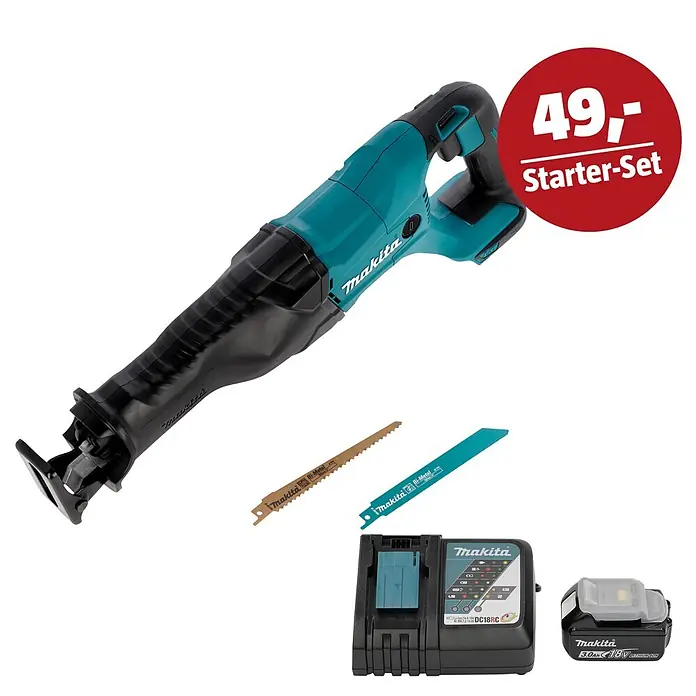 Makita LXT 18V Maschinen-Set - Akku-Säbelsäge DJR186ZK, Ladegerät & 3 Ah Akku - Eine türkis-schwarze Makita Säbelsäge mit zwei Sägeblättern, einem schwarzen Akkuladegerät und einem schwarzen 3.0Ah 18V Li-Ionen Akku.