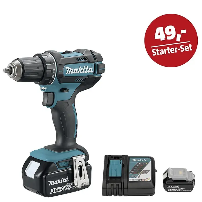 Makita LXT 18V Maschinen-Set - Akku-Kombihammer DHR243RTJ, Ladegerät & 3 Ah Akku - Makita Akkuschrauber-Set (türkis/schwarz) mit 3.0Ah 18V Akku, Ladegerät, Zusatzakku und '49,- Starter-Set' Etikett.