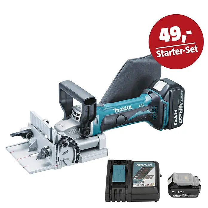 Makita LXT 18V Maschinen-Set - Akku-Nutfräse DPJ180RTJ, Ladegerät & 3 Ah Akku - Makita Flachdübelfräse (türkis/grau) mit 5.0Ah 18V Akku, Ladegerät und Zusatzakku 3.0Ah 18V. Inkl. Staubbeutel und "49,- Starter-Set" Preis.