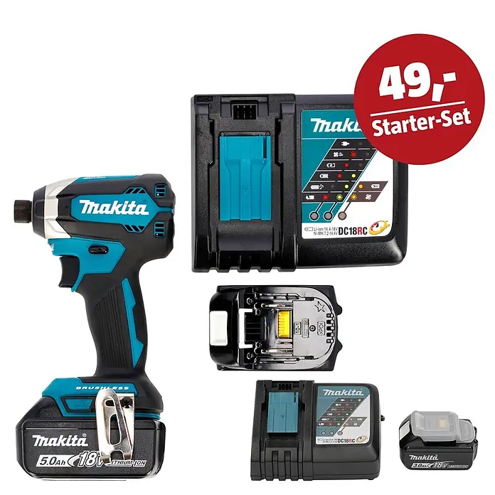 Makita LXT 18V Maschinen-Set - Akku-Schlagschrauber DTD153RTJ, Ladegerät & 3 Ah Akku - Makita Schlagschrauber, 5,0Ah 18V Li-Ion Akku, DC18RC Ladegerät und 3,0Ah 18V Li-Ion Akku als 49,- Starter-Set.