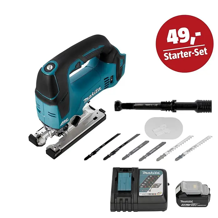 Makita LXT 18V Maschinen-Set - Akku-Stichsäge DJV182Z, Ladegerät & 3 Ah Akku - Makita Stichsägen-Starterset in Türkis-Schwarz mit Säge, Ladegerät, Akku und Sägeblättern. Preis 49,-.