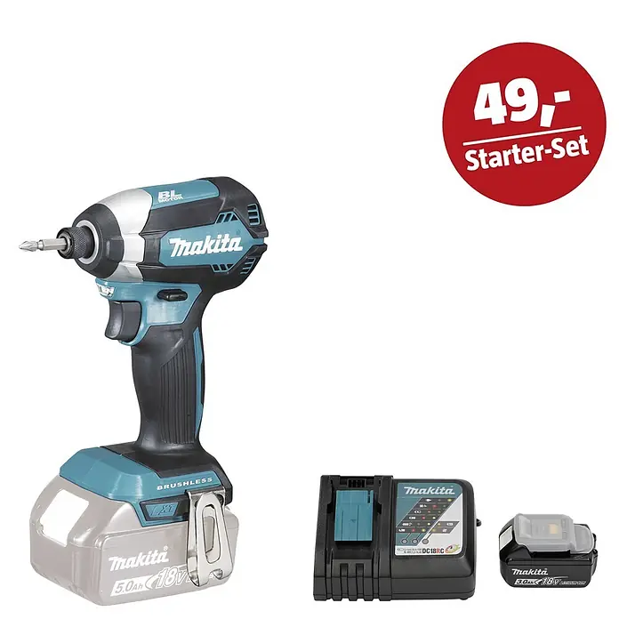 Makita LXT 18V Maschinen-Set - Akku-Schlagschrauber DTD153Z, Ladegerät & 3 Ah Akku - Blauer und schwarzer Makita Schlagschrauber mit 5.0Ah Akku, Ladegerät, 3.0Ah Akku und 'Starter-Set' Angebot.