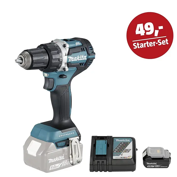 Makita LXT 18V Maschinen-Set - Akku-Bohrschrauber DDF484Z, Ladegerät & 3 Ah Akku - Makita Akku-Bohrschrauber mit 5.0Ah Akku, Ladegerät und rotem "Starter-Set 49,-" Aufkleber.