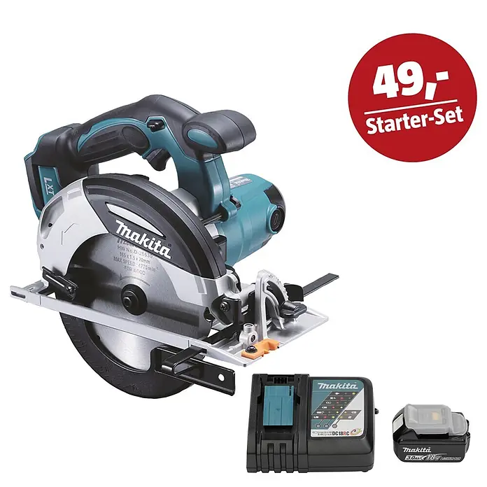 Makita LXT 18V Maschinen-Set - Akku-Handkreissäge DHS630Z, Ladegerät & 3 Ah Akku - Makita Akku-Kreissäge, Ladegerät und 18V Akku, als Starter-Set angeboten.