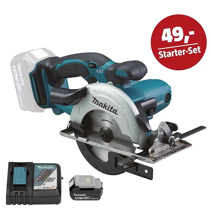 Makita LXT 18V Maschinen-Set - Akku-Handkreissäge DSS501Z, Ladegerät & 3 Ah Akku - Makita Akku-Handkreissäge in Türkis/Schwarz mit 5.0Ah 18V Akku, Ladegerät und 3.0Ah 18V Akku. Starter-Set für 49,-.