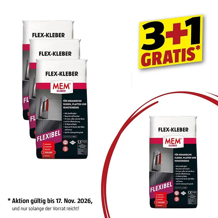 MEM Fliesenkleber Flexibel 3 + 1 GRATIS - 25 kg - Vier Säcke MEM Flex-Kleber Fliesenkleber mit "3+1 GRATIS" Aktion, gültig bis 17. Nov. 2026, solange der Vorrat reicht.