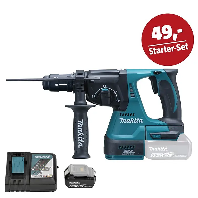Makita LXT 18V Maschinen-Set - Akku-Kombihammer DHR243Z, Ladegerät & 3 Ah Akku - Türkis-schwarzer Makita Akku-Bohrhammer mit Zusatzgriff, 5.0Ah und 3.0Ah Akkus, sowie Ladegerät. Roter "49,- Starter-Set" Preisanhänger.