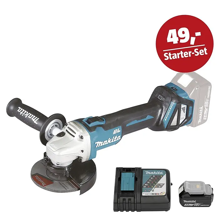 Makita LXT 18V Maschinen-Set - Akku-Winkelschleifer DGA511Z, Ladegerät & 3 Ah Akku - Makita Akku-Winkelschleifer-Set in Schwarz/Türkis mit zwei Akkus, Ladegerät und rotem '49,- Starter-Set' Schild.