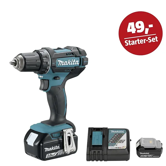 Makita LXT 18V Maschinen-Set - Akku-Bohrschrauber DDF482RFJ, Ladegerät & 3 Ah Akku - Makita Akku-Bohrschrauber Starter-Set in Türkis und Schwarz, inkl. Bohrmaschine, Ladegerät und zwei 18V 3.0Ah Akkus.