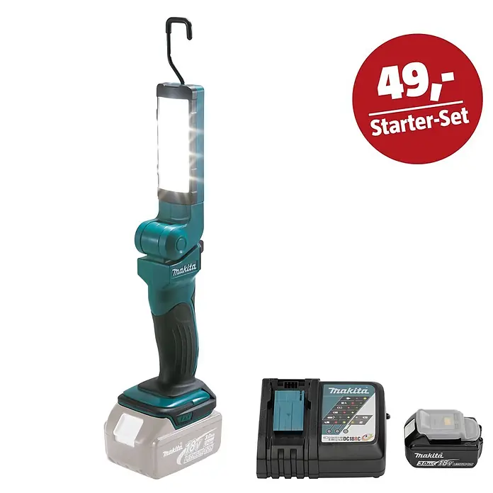 Makita LXT 18V Maschinen-Set - LED-Arbeitsleuchte DML801, Ladegerät & 3 Ah Akku - Makita LED-Arbeitsleuchte, Ladegerät und 18V 3.0Ah Akku als Starter-Set für 49,-