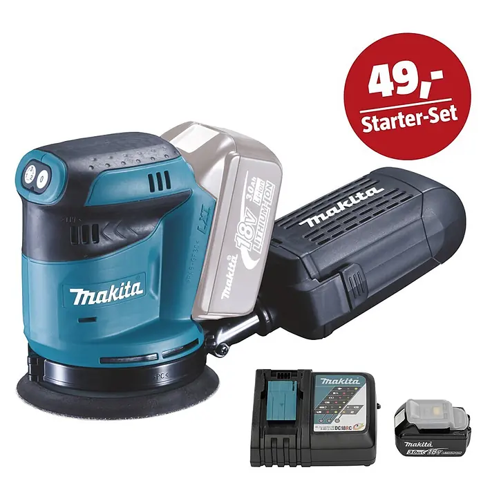 Makita LXT 18V Maschinen-Set - Akku-Exzenterschleifer DBO180Z, Ladegerät & 3 Ah Akku - Makita Exzenterschleifer in Türkis und Schwarz mit zwei 18V 3.0Ah Li-Ion Akkus und einem DC18RC Ladegerät. Eine 'Starter-Set' Aktion ist hervorgehoben.