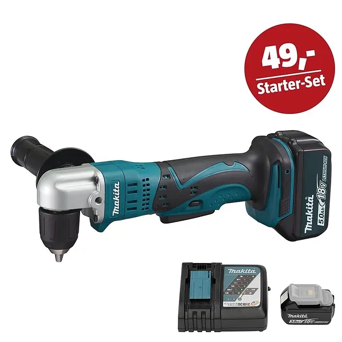 Makita LXT 18V Maschinen-Set - Akku-Winkelbohrmaschine DDA351RTJ, Ladegerät & 3 Ah Akku - Makita 18V Akku-Winkelbohrmaschine (türkis/schwarz) mit 5.0Ah Akku, Ladegerät und zusätzlichem 3.0Ah Akku als Starter-Set.