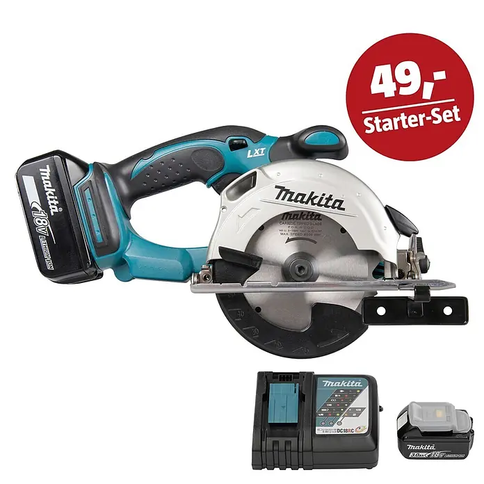 Makita LXT 18V Maschinen-Set - Akku-Handkreissäge DSS501RTJ, Ladegerät & 3 Ah Akku - Ein Makita 18V Akku-Kreissägen-Set in Schwarz und Türkis, bestehend aus Säge mit silbernem Blatt, 18V Akku und Ladegerät.