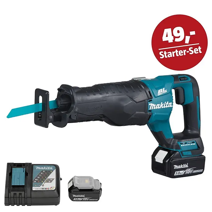 Makita LXT 18V Maschinen-Set - Akku-Säbelsäge DJR187RT, Ladegerät & 3 Ah Akku - Makita Akku-Säbelsäge in Blau-Schwarz mit Ladegerät, 5,0Ah und 3,0Ah Akkus. Teil eines Starter-Sets.