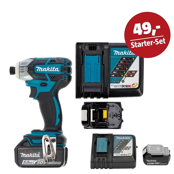 Makita LXT 18V Maschinen-Set - Akku-Impulsschrauber DTS141RTJ, Ladegerät & 3 Ah Akku - Makita Schlagschrauber (türkis/schwarz) mit 5.0Ah 18V Akku, Ladegerät und zusätzlichem 3.0Ah Akku als Starter-Set.