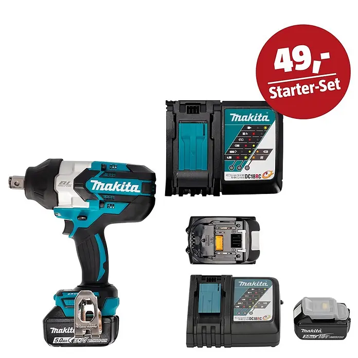 Makita LXT 18V Maschinen-Set - Akku-Schlagschrauber TW1001RTJ, Ladegerät & 3 Ah Akku - Makita Schlagschrauber, zwei Akkus (5.0Ah, 3.0Ah) und ein Ladegerät in Schwarz-Türkis. Ein Starter-Set für 49,-.
