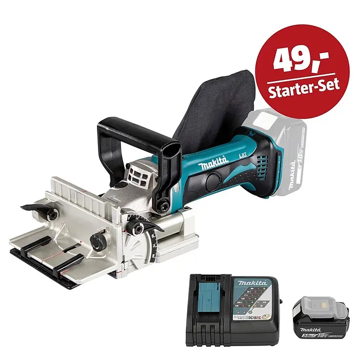 Makita LXT 18V Maschinen-Set - Akku-Flachdübelfräse DPJ180Z, Ladegerät & 3 Ah Akku - Makita Akku-Flachdübelfräse Set mit Akku und Ladegerät.