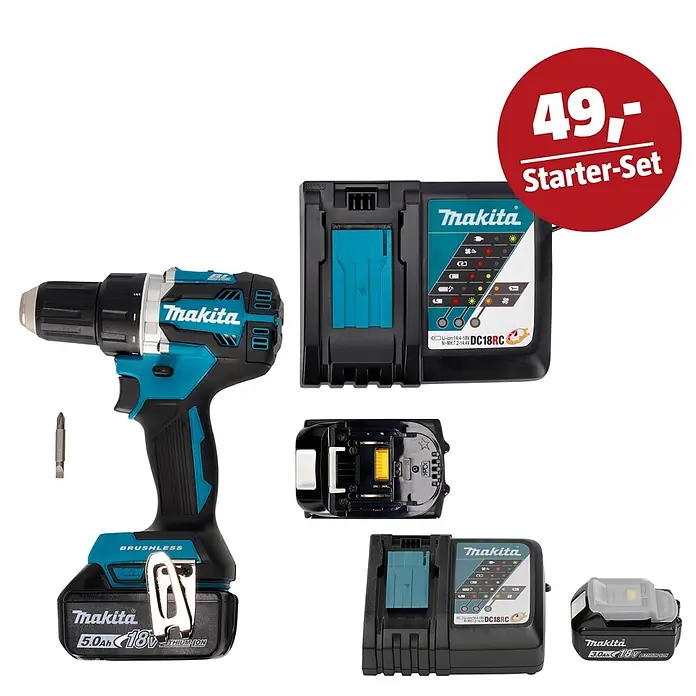 Makita LXT 18V Maschinen-Set - Akku-Bohrschrauber DDF484RTJ, Ladegerät & 3 Ah Akku - Makita Akku-Bohrschrauber (schwarz/türkis) mit 5.0Ah und 3.0Ah 18V Akkus sowie DC18RC Ladegerät als Starter-Set.