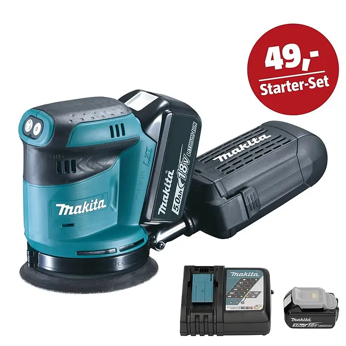Makita LXT 18V Maschinen-Set - Akku-Exzenterschleifer DBO180RTJ, Ladegerät & 3 Ah Akku - Türkis-schwarzer Makita Akku-Exzenterschleifer mit 5.0Ah Akku, plus 3.0Ah Akku und Ladegerät. Starter-Set Angebot.