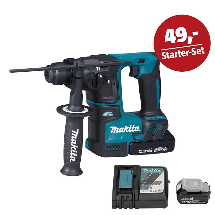 Makita LXT 18V Maschinen-Set - Akku-Bohrhammer DHR171RAJ, Ladegerät & 3 Ah Akku - Makita Akku-Bohrhammer in Türkis und Schwarz, mit Akku. Ladegerät und Zusatzakku sind auch Teil des Starter-Sets.