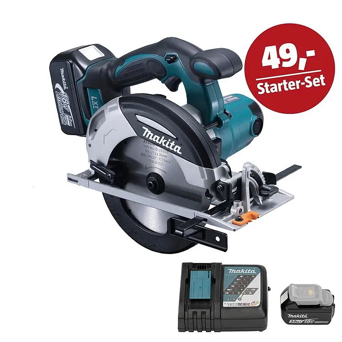 Makita LXT 18V Maschinen-Set - Akku-Handkreissäge DHS630RTJ, Ladegerät & 3 Ah Akku - Makita Akku-Handkreissäge (türkis/schwarz) mit 18V Li-Ion Akku und Ladegerät.