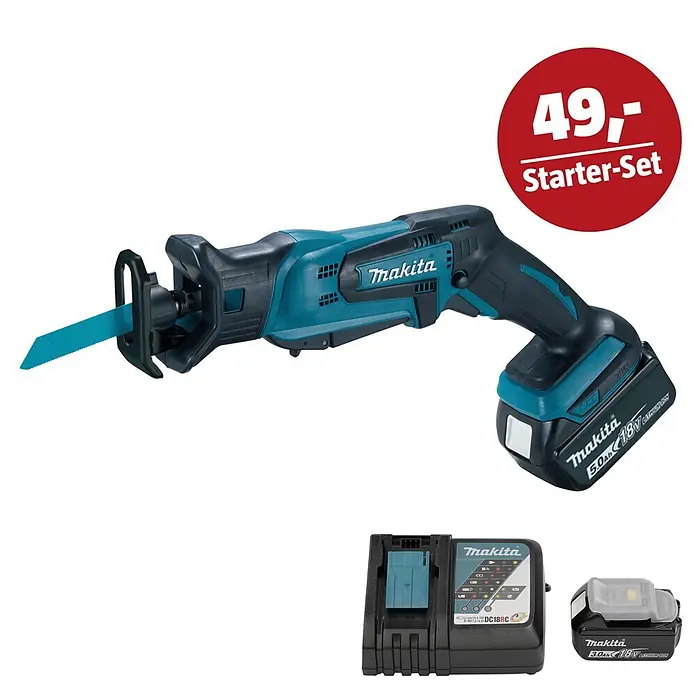 Makita LXT 18V Maschinen-Set - Akku-Säbelsäge DJR183RT1J, Ladegerät & 3 Ah Akku - Makita Akku-Säbelsäge (türkis/schwarz) mit zwei 18V-Akkus (schwarz) und Ladegerät, als Starter-Set.