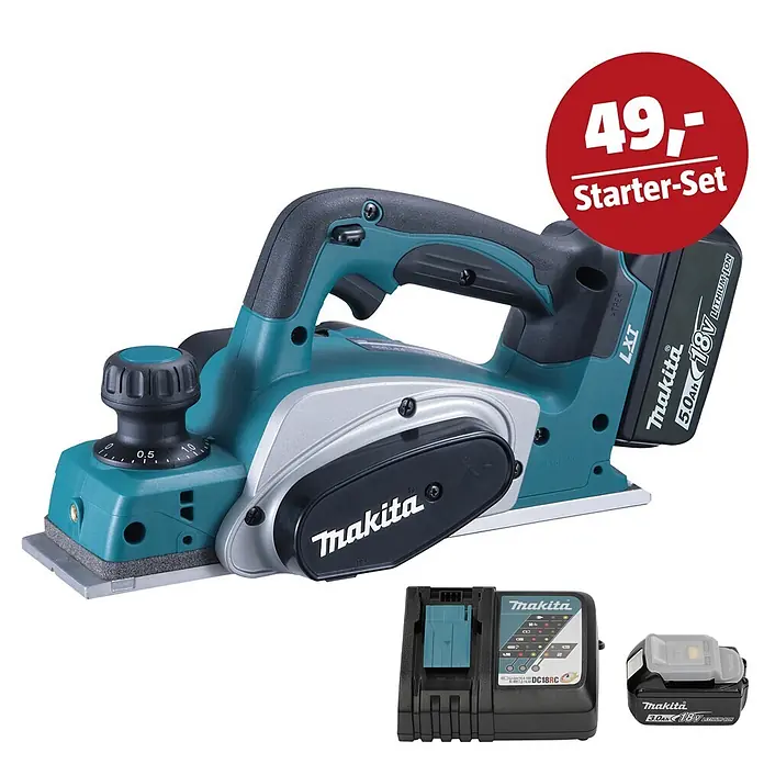 Makita LXT 18V Maschinen-Set - Akku-Handhobel DKP180RTJ, Ladegerät & 3 Ah Akku - Makita Akku-Hobel-Set mit Akku und Ladegerät, türkis und schwarz.