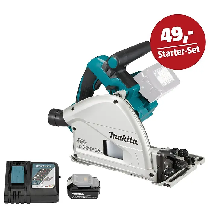 Makita LXT 18V Maschinen-Set - Akku-Tauchsäge DSP601ZJU, Ladegerät & 3 Ah Akku - Makita Akku-Handkreissägen-Starterset mit Säge, Akku und Ladegerät in Türkis, Schwarz und Silber.