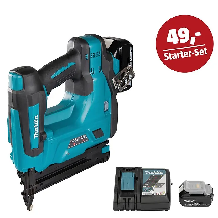 Makita LXT 18V Maschinen-Set - Akku-Nagler DBN500RTJ, Ladegerät & 3 Ah Akku - Makita Akku-Nagelgerät in Türkis und Schwarz mit Akku und Ladegerät, als 49,- Starter-Set.