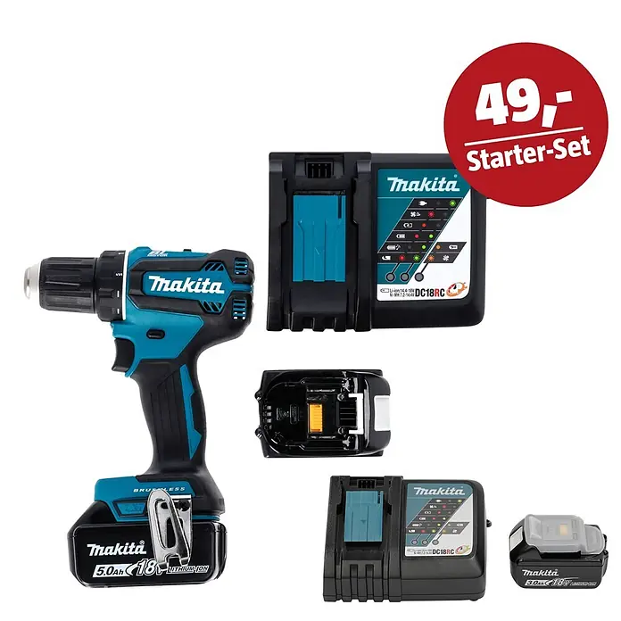 Makita LXT 18V Maschinen-Set - Akku-Bohrschrauber DDF485RTJ, Ladegerät & 3 Ah Akku - Makita Akku-Bohrschrauber mit 5,0Ah Akku, zwei Ladegeräten und zusätzlichem 3,0Ah Akku als Starter-Set.