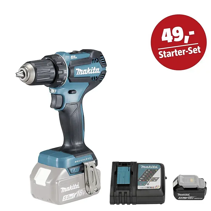 Makita LXT 18V Maschinen-Set - Akku-Bohrschrauber DDF485Z, Ladegerät & 3 Ah Akku - Makita Akku-Bohrschrauber in Türkis/Schwarz mit 5,0Ah Akku, Ladegerät und zusätzlichem 3,0Ah Akku. Preisetikett 49,- Starter-Set.
