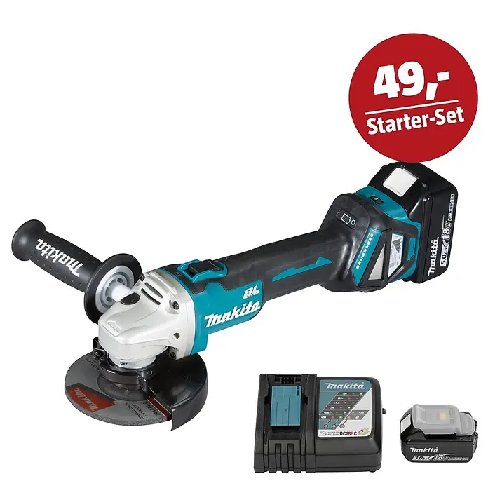 Makita LXT 18V Maschinen-Set - Akku-Winkelschleifer DGA511RTJ, Ladegerät & 3 Ah Akku - Ein Makita Akku-Bohrhammer in Türkis und Schwarz, mit Ladegerät und zwei 18V Akkus.