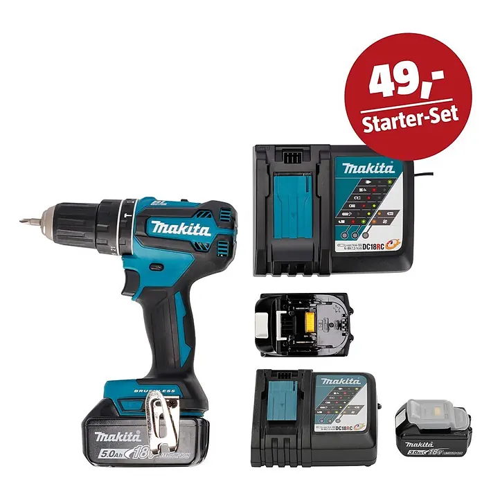 Makita LXT 18V Maschinen-Set - Akku-Schlagbohrschrauber DHP485RTJ, Ladegerät & 3 Ah Akku - Makita Akkuschrauber (türkis/schwarz) mit 5.0Ah Akku, DC18RC Ladegerät und 3.0Ah Akku. Starter-Set für 49,-.