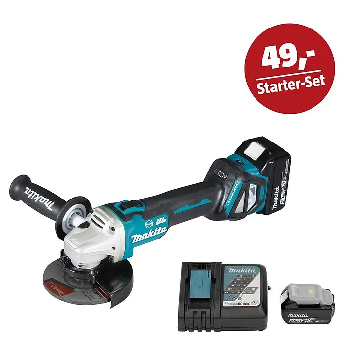 Makita LXT 18V Maschinen-Set - Akku-Winkelschleifer DGA513RTJ, Ladegerät & 3 Ah Akku - Makita Akku-Winkelschleifer-Set mit Schleifer, zwei 18V Akkus (5.0Ah, 3.0Ah) und einem Ladegerät.