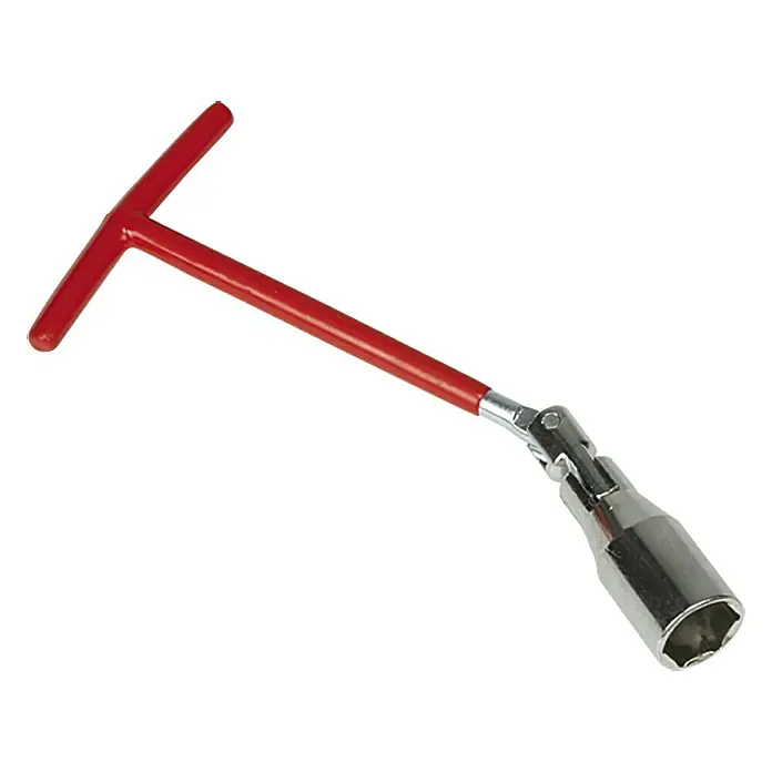 UniTEC Zündkerzenschlüssel - 21 mm - Ein roter Zündkerzenschlüssel mit T-Griff und beweglichem Kopf zum einfachen Wechseln von Zündkerzen. Das Werkzeug ist robust und benutzerfreundlich.