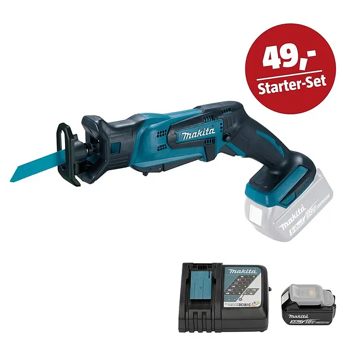 Makita LXT 18V Maschinen-Set - Akku-Säbelsäge DJR183Z, Ladegerät & 3 Ah Akku - Makita Säbelsäge in Türkis/Schwarz mit Akku, separatem Akku und Ladegerät.