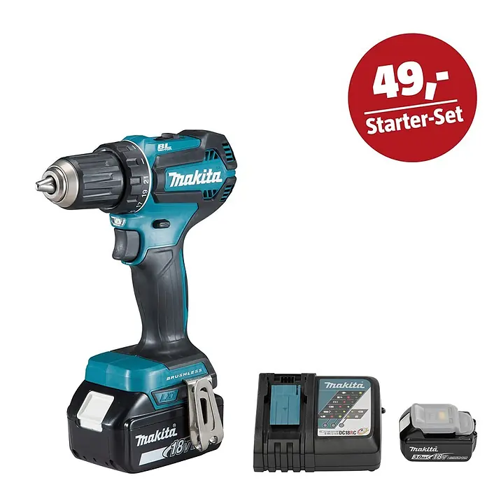 Makita LXT 18V Maschinen-Set - Akku-Bohrschrauber-Set DDF485RFJ, Ladegerät & 3 Ah Akku - Makita Akku-Bohrschrauber, Akku und Ladegerät im Starter-Set, türkis und schwarz.