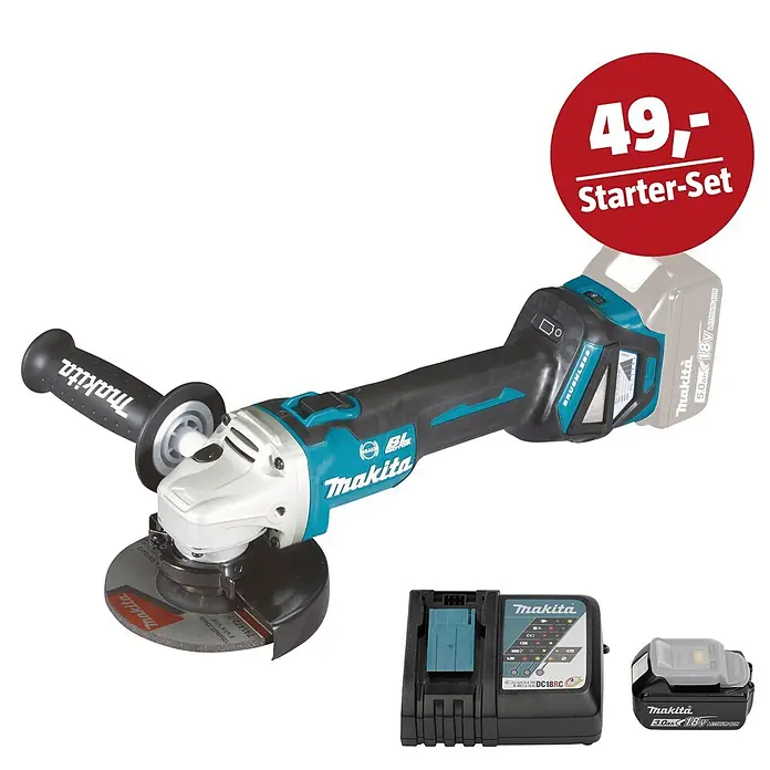 Makita LXT 18V Maschinen-Set - Akku-Winkelschleifer DGA513Z, Ladegerät & 3 Ah Akku - Makita Winkelschleifer Starter-Set mit einem türkisen und schwarzen Gerät, Ladegerät und zwei 18V Akkus.