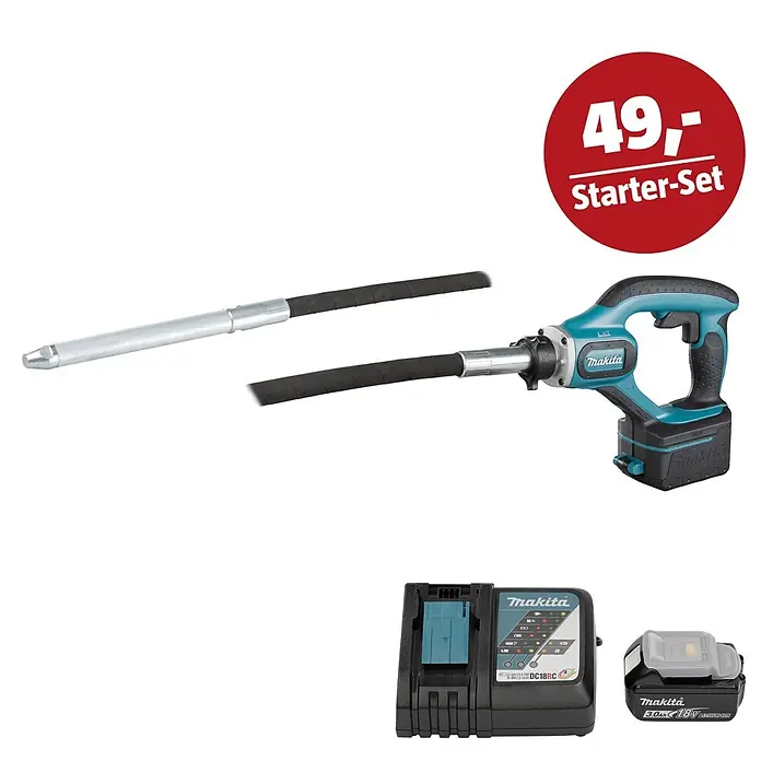 Makita LXT 18V Maschinen-Set - Akku-Betonverdichter DVR450Z, Ladegerät & 3 Ah Akku - Makita Akku-Betonrüttler in Türkis und Schwarz mit silberner Welle, dazu ein schwarzes Ladegerät und ein schwarzer 18V Akku. Roter Kreis: „49,- Starter-Set“.