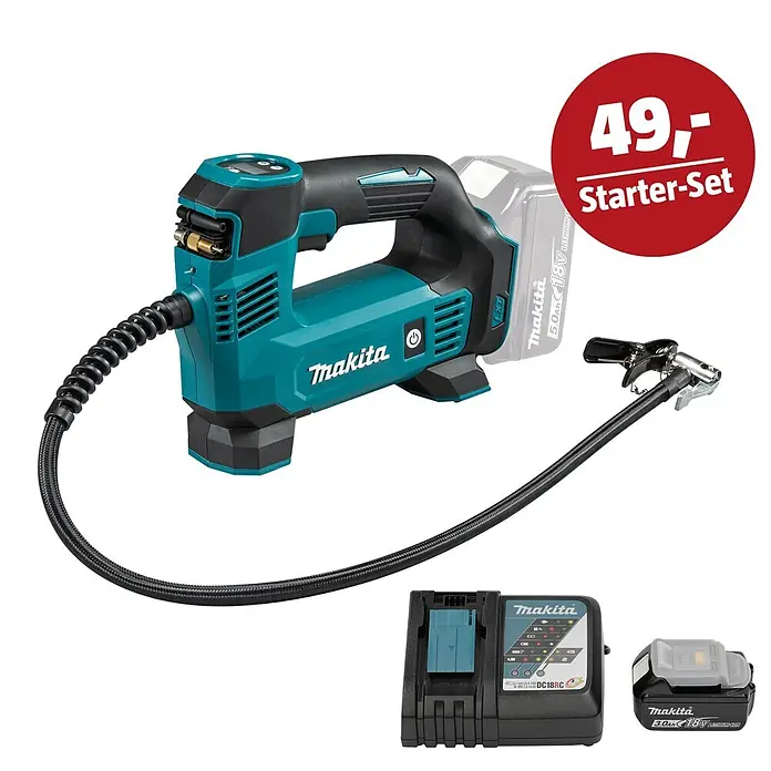 Makita LXT 18V Maschinen-Set - Akku-Kompressor DMP180Z, Ladegerät & 3 Ah Akku - Makita Starter-Set: türkise Akkuluftpumpe mit Akku, Ladegerät und Schlauch. Rote Sprechblase: „49,- Starter-Set“.