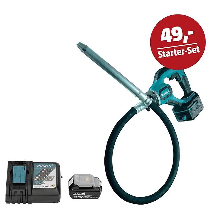 Makita LXT 18V Maschinen-Set - Akku-Betonverdichter DVR450RTE, Ladegerät & 3 Ah Akku - Makita Akku-Betonrüttler mit Schlauch, Ladegerät und Akku. Starter-Set für 49,-.