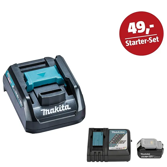 Makita LXT 18V Maschinen-Set - Akku-Adapter ADP 10, Ladegerät & 3 Ah Akku - Makita Starter-Set mit großem Multi-Ladegerät, kleinerem DC18RC Ladegerät und 18V 3.0Ah Li-ion Akku, Preis 49,-.